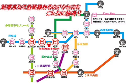 西武拝島線小川駅徒歩13分。<br />小平・東大和・武蔵村山・立川・ 東村山市など、広範囲に渡り各方面に無料送迎バスを運行しております。